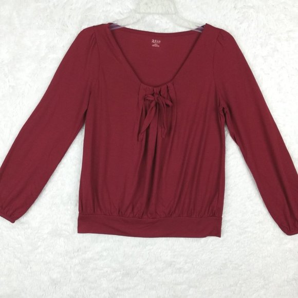 A.N.A Womens Top Long Sleeve Solid‎ Deep Red Rouched Tie Neck Elastic Cuff S - Picture 1 of 12